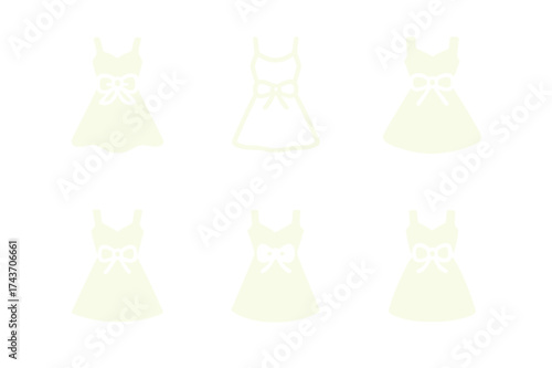 Summer Dress Logos. Summer dress against green backdrop. Set Logo of Summer dress against green backdrop: Ribbon bow accent. harmonious logo variations of the