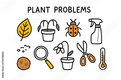 Plant Care Essentials. Plant Problems. Hand-drawn doodle illustration yellow leaf (colored), drooping plant, bug (colored), spray bottle, scissors (colored),