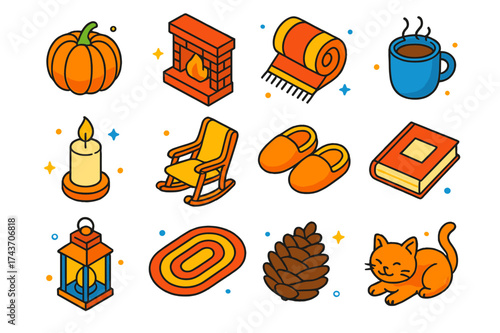 Autumn Comfort Icons. Autumn Comfort. Colorful isometric vector icons set of autumn comfort: pumpkin, fireplace, blanket, hot drink, candle, rocking chair,