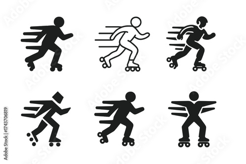 Rollerblade Logo Variations. Rollerblading in the park. Set Logo of Outdoor sports: skater silhouette with motion streaks. harmonious logo variations of the