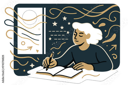 Midnight Writer's Muse. Midnight poet. Writer at window glowing with moonlight, notebook open, stars forming verses above. Abstract light trails weaving across