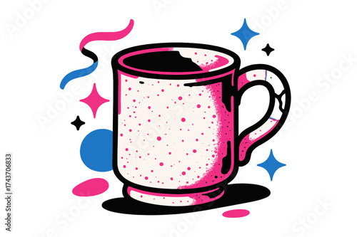 Rustic Glowing Mug. Vintage chipped mug. A rustic glowing cup with a cracked handle, abstract floating ribbons and sparkles symbolizing age and charm. Modern