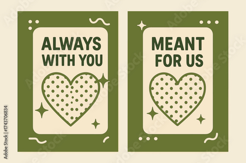 Affectionate Memphis Banners. Affection. Two vertical A6 banners with safe margins, centered composition, no elements touching edges, memphis style, olive