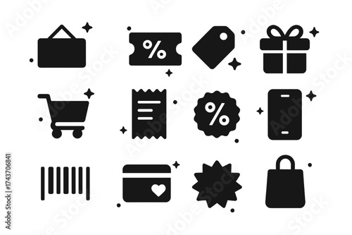 Black Discount Icons Grid. Discounts and offers. Solid icons set of Discounts and offers: sale sign, coupon, price tag, gift box, shopping cart, receipt,