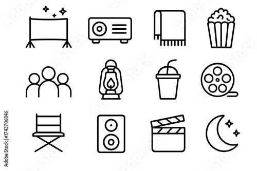 Outdoor Cinema Icons. Cinema under the stars. Line icon set of Cinema under the stars: outdoor movie screen, projector, blanket, popcorn, audience, lantern,