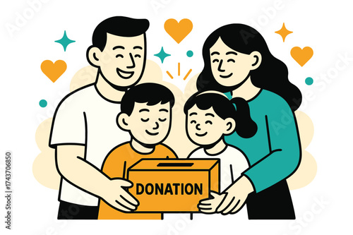 Family Donation Unity. Family Giving. A glowing family holding a donation box together, abstract floating heart icons and spark shapes symbolizing care and