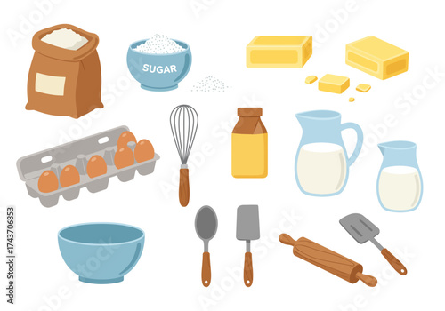 Baking Ingredients and Tools A Cartoon-Style Illustration of Kitchen Essentials