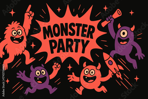Monster Party Extravaganza. Monster Party banner, flat vector illustration, bold oversized text inside splash explosion, cartoon characters jumping and