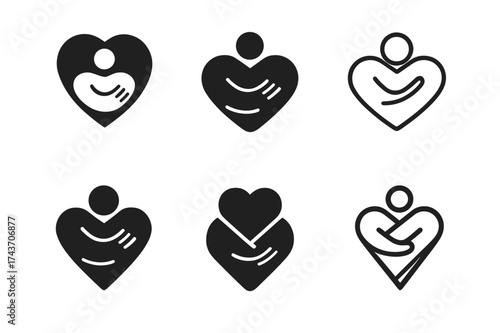 Heart Embrace Logo Grid. Positive Body Image and Self-Acceptance. Set Logo of Positive Body Image and Self-Acceptance: heart embrace. harmonious logo