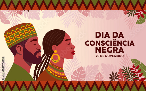Dia da Consciencia Negra banner with couple. Translation Black Awareness Day. Dia da Consciencia Negra illustration in flat design. Great for posters, banners, cards and social media.