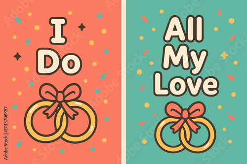 Kawaii Wedding Banners. Vows. Two vertical A6 banners, kawaii, coral and teal backgrounds, two rings tied with a ribbon and confetti, first banner with text "I