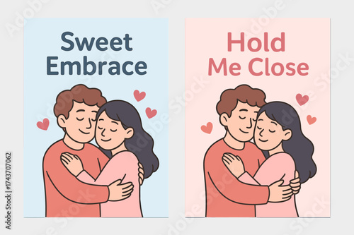 Sweet Embrace Banners. Sweet Embrace. Two vertical A6 banners with safe margins, centered composition, no elements touching edges, cartoon style, pastel blue