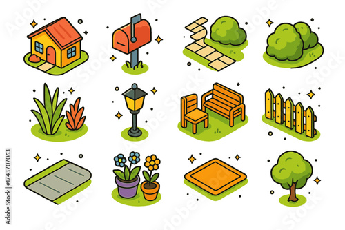 Colorful Curb Appeal Icons. Curb appeal. Colorful isometric vector icons set of curb appeal: front yard, mailbox, walkway, trimmed bushes, decorative plants,