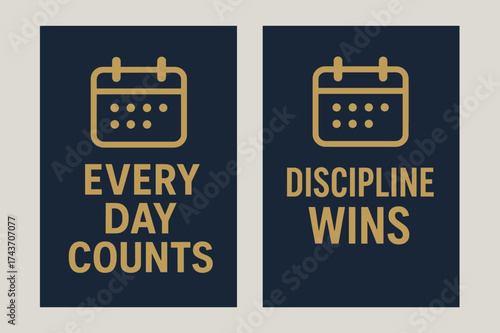 Navy and Gold Banners. Discipline. Two vertical A6 banners with safe margins, centered composition, no elements touching edges, modern minimal, navy and gold,