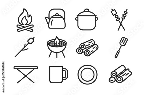 Outdoor Cooking Icons. Outdoor Cooking. Line icon set of Outdoor Cooking: campfire, kettle, pot, skewers, marshmallow, grill, logs, spatula, table, mug, plate,