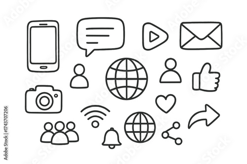 Digital Communication Doodles. Digital communication. Hand-drawn doodle illustration digital communication smartphone, laptop, chat bubble, video play button,