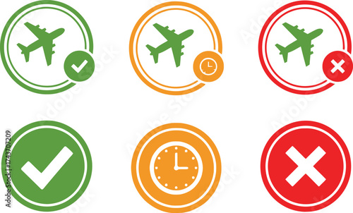 Flight status icons plane travel check mark delay cancel symbol
