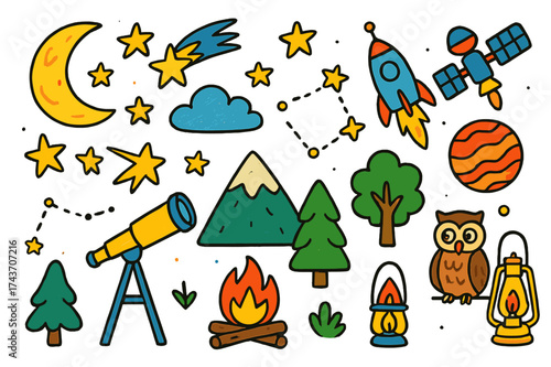 Vibrant Celestial Doodle. Night sky. Colorful Hand-drawn doodle Children illustration Moon, stars, shooting star, comet, cloud, telescope, constellation,