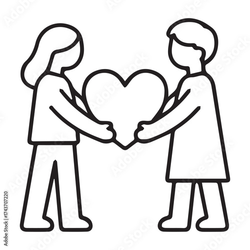 Two people holding heart in line art style isolated on white background