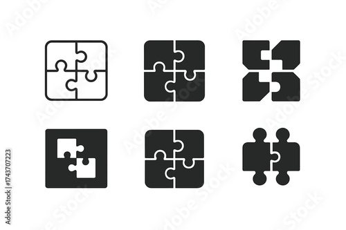 Puzzle Teamwork Logos. Team dynamics and conflict resolution in management. Set Logo of puzzle pieces connecting: Minimal outline, Filled silhouette, Abstract
