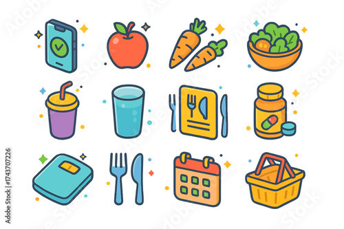 Colorful Nutrition Icons. Nutrition Apps. Colorful isometric vector icons set of nutrition apps: smartphone, apple, carrot, salad bowl, smoothie cup, water