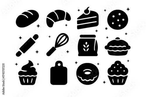Handmade Baking Icons. Handmade Baking. Solid icons set of bread loaf, croissant, cake slice, cookie, rolling pin, whisk, flour bag, pie, cupcake, cutting