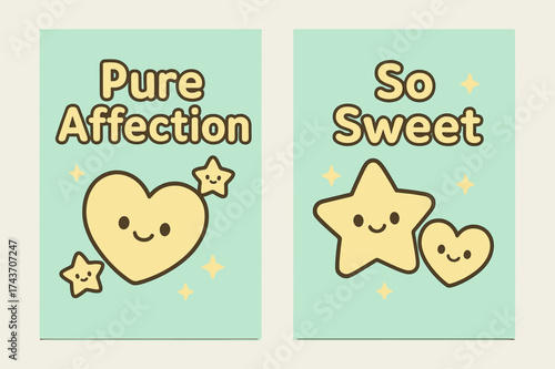 Kawaii Banners. Pure Affection. Two vertical A6 banners with safe margins, centered composition, no elements touching edges, kawaii style, pastel mint and
