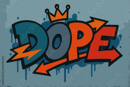 Vibrant Graffiti Street Art. Street Shadows ? Graffiti Simplified: thick tilted bubble/block letters; dripping spray outline with crown on top; arrows slicing