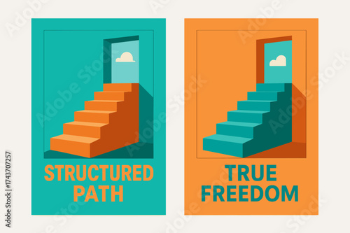 Geometric Path to Sky. Determination. Two vertical A6 banners with safe margins, centered composition, no elements touching edges, geometric style, turquoise