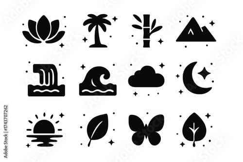 Nature Icons Grid. Relaxing ambiance nature. Solid icons set of lotus flower, palm tree, bamboo stalk, mountain, waterfall, ocean wave, cloud, crescent moon,