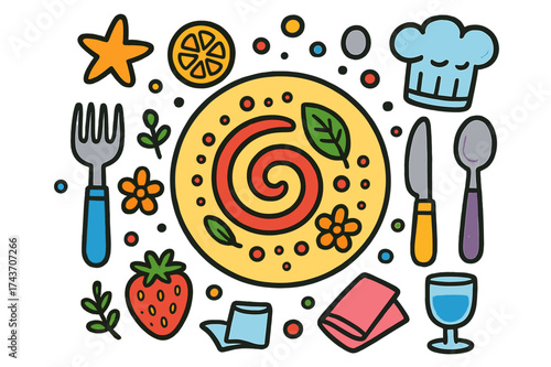 Artistic Food Doodles. Artistic Food. Colorful Hand-drawn doodle Children illustration plate, sauce swirl, dots, garnish leaf, flower, fork, knife, spoon,