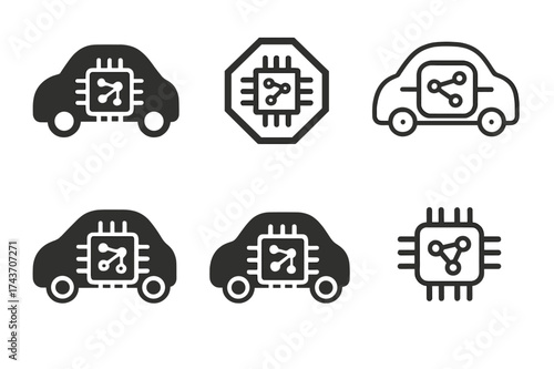 Self-Driving Car Logos. self-driving cars. Set Logo of self-driving cars: Neural Network Chip. harmonious logo variations of the same emblematic concept, each