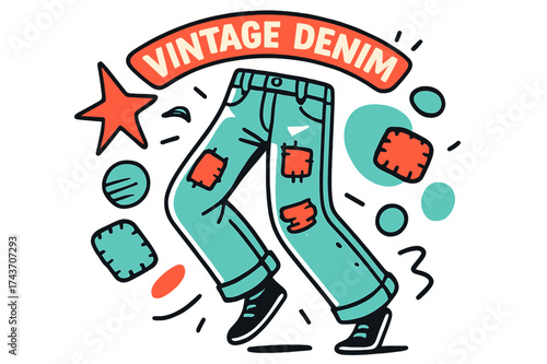 Retro Denim Artistry. Vintage Denim. A glowing pair of worn jeans with abstract floating patches and threads, floating shapes indicating retro style. Modern