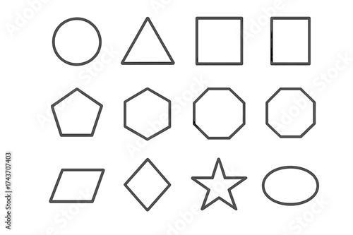 Geometric Icon Grid. Mathematical shapes. Line icon set of Mathematical shapes: circle, triangle, square, rectangle, pentagon, hexagon, octagon, trapezoid,