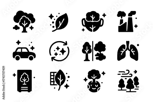 Nature's Pollution Remedies. Tree and pollution cleaning. Solid icons set of tree with smoke cloud, leaf absorbing dust, filter mask with tree, chimney with
