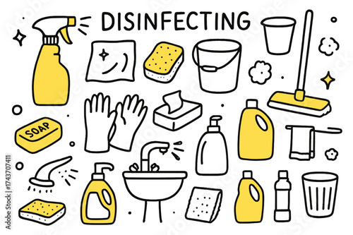Cleaning Essentials Doodle. Disinfecting. Hand-drawn doodle illustration disinfecting surfaces disinfectant spray (accented), cloth, sponge (accented), bucket,