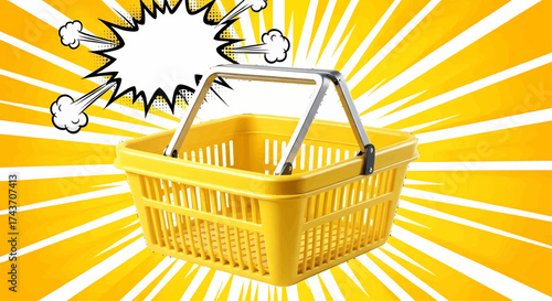 Pop art yellow shopping basket on sunburst background. A comic style sale concept vector illustration for retail