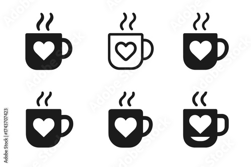 Coffee Mug Logos. New Year?s Day recovery brunch and celebration. Set Logo of New Year?s Day recovery brunch and celebration: Coffee mug with steaming heart.