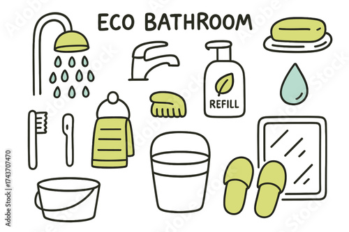 Eco-Friendly Bathroom Icons. Eco Bathroom. Hand-drawn doodle illustration water-saving showerhead (colored), faucet, soap bar (colored), toothbrush, towel