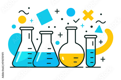 Glowing Lab Flasks. Science Lab Tools. Multiple glowing flasks arranged in a row, each with measurement lines, abstract geometric shapes floating above. Modern