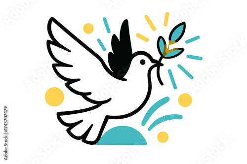Peace Dove Artwork. Symbol of Peace. A single dove with wings wide open carrying a glowing olive branch, abstract rays and circles floating around it. Modern