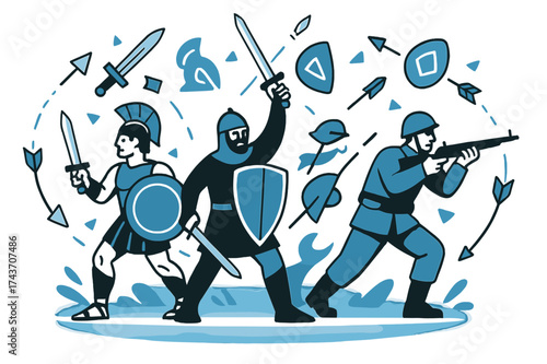 Timeline of Warriors. Military history and battles throughout different time periods. Glowing timeline of warriors from ancient, medieval, and modern eras