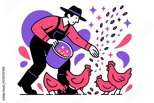 Farmer's Morning Ritual. Morning chores. A farmer feeding chickens from a glowing bucket, abstract floating grains and stars showing liveliness. Modern
