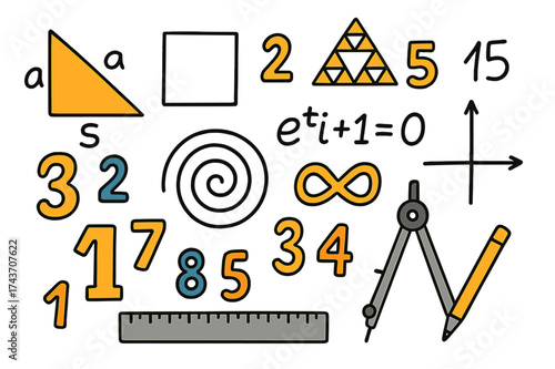 Colorful Mathematical Elements. Mathematical Composition. Hand-drawn doodle illustration triangle (colored), square, fractal (colored), spiral, equation