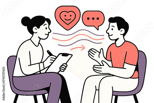 Empathy Dialogue Design. User-centered calm. Designer interviewing a person, glowing icons of empathy and dialogue floating above. Abstract light waves forming