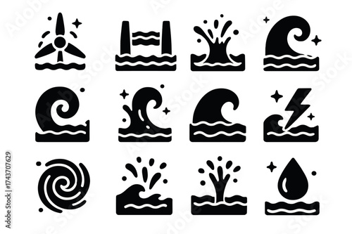 Marine Energy Icons. Marine power. Solid icons set of marine power: turbine wave, tidal energy, crashing crest, spiral current, ocean splash, water surge,