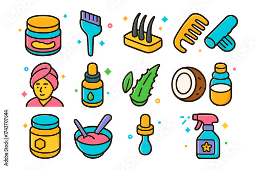 Hair Treatment Icons. Hair Treatment Mask. Colorful isometric vector icons set of hair treatment mask: jar of mask, brush applicator, hair strands, comb, towel