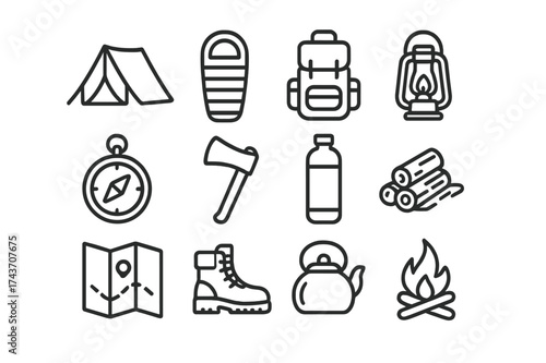 Camping Essentials Icons. Camping Essentials. Line icon set of Camping Essentials: tent, sleeping bag, backpack, lantern, compass, hatchet, water bottle,