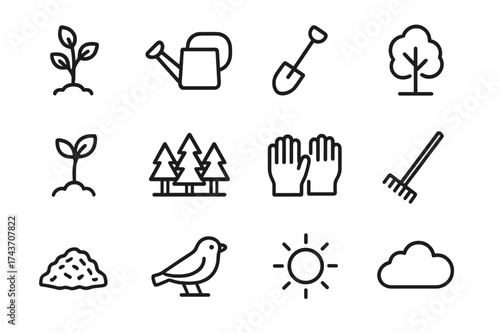 Reforestation Icon Set. Reforestation. Line icon set of Reforestation: sapling, watering can, shovel, tree, seedling, forest, gloves, rake, mulch, bird, sun,