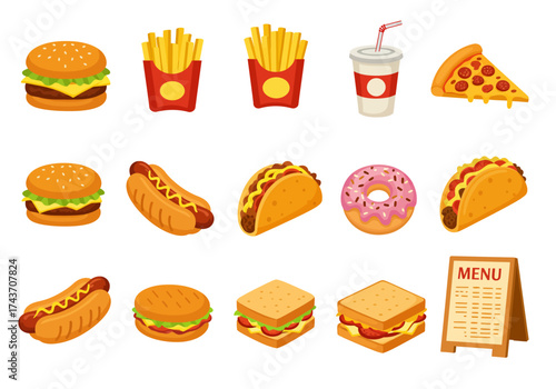 Delicious Fast Food Cartoon Icons Burgers, Fries, Pizza, and More!